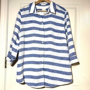 Chico's 100% Linen Blue White Stripe No Iron Women’s Shirt Size 2 Beach Coastal